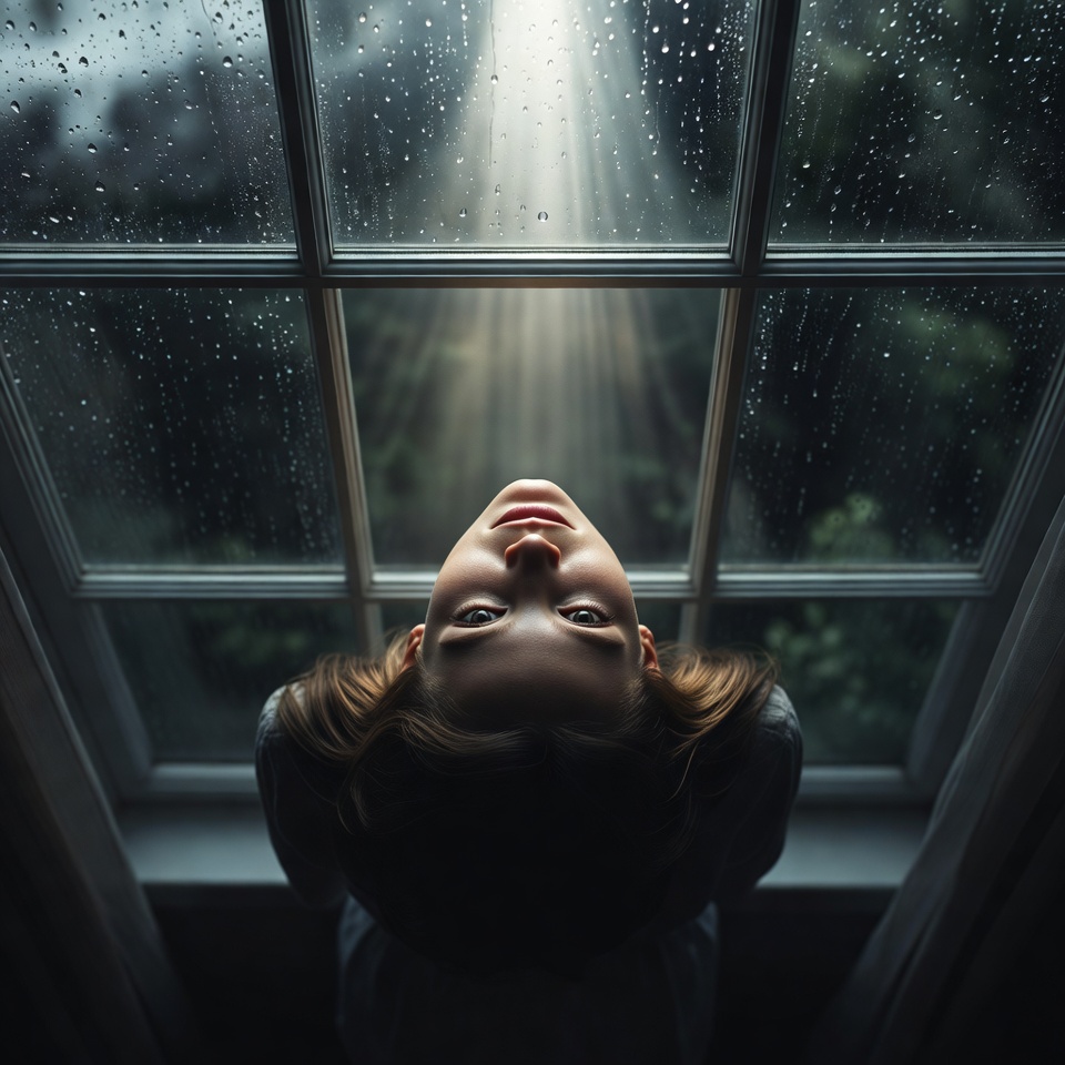 AI generated Rainy Day Window portrait featuring Bird’s Eye View and God Rays (Volumetric) with a Professional expression.