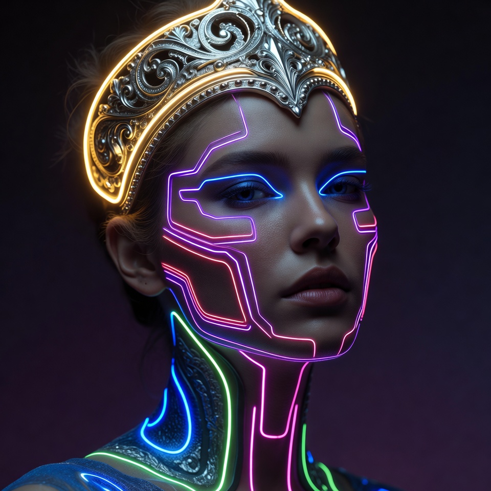 AI generated Cyberpunk Neon portrait featuring Dutch Angle and Bioluminescent Glow with a Professional expression.