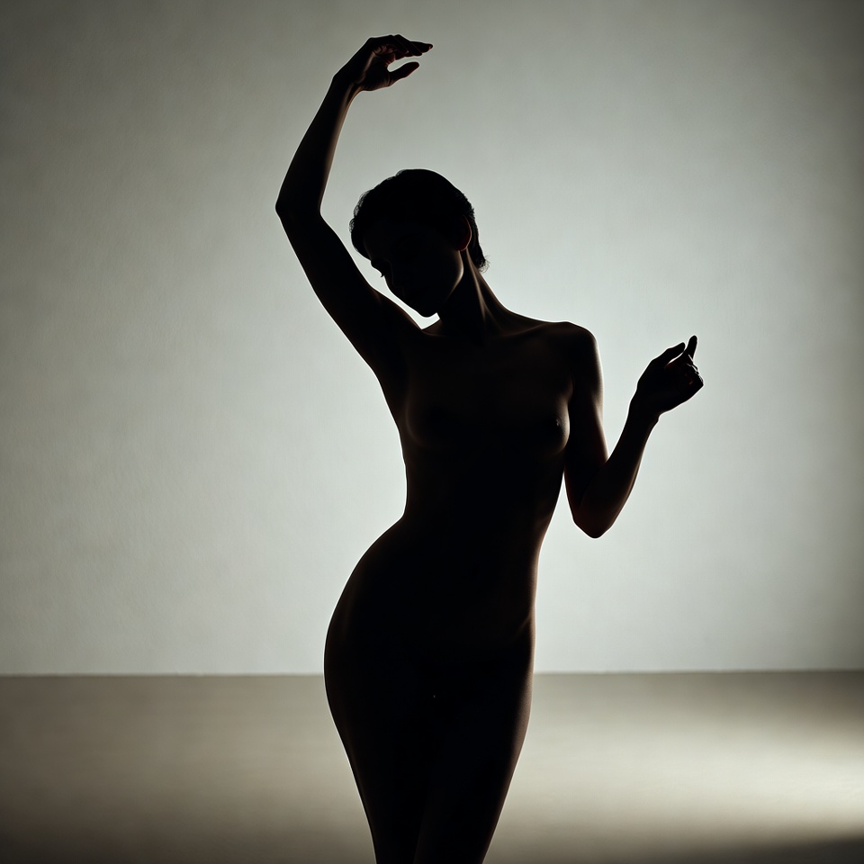 AI generated Silhouette portrait featuring Wide Angle 24mm and Harsh Flash with a Mysterious expression.