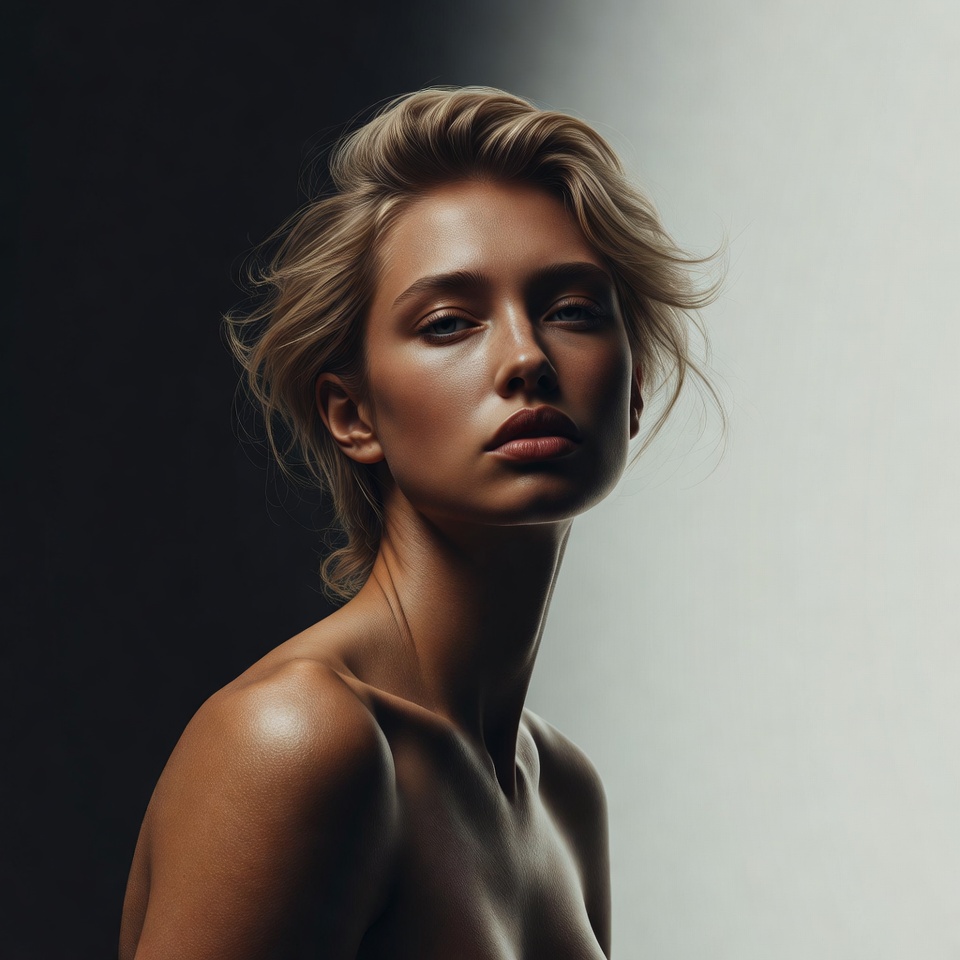 AI generated Oil Painting Style portrait featuring Eye-Level and Split Lighting with an Ethereal expression.