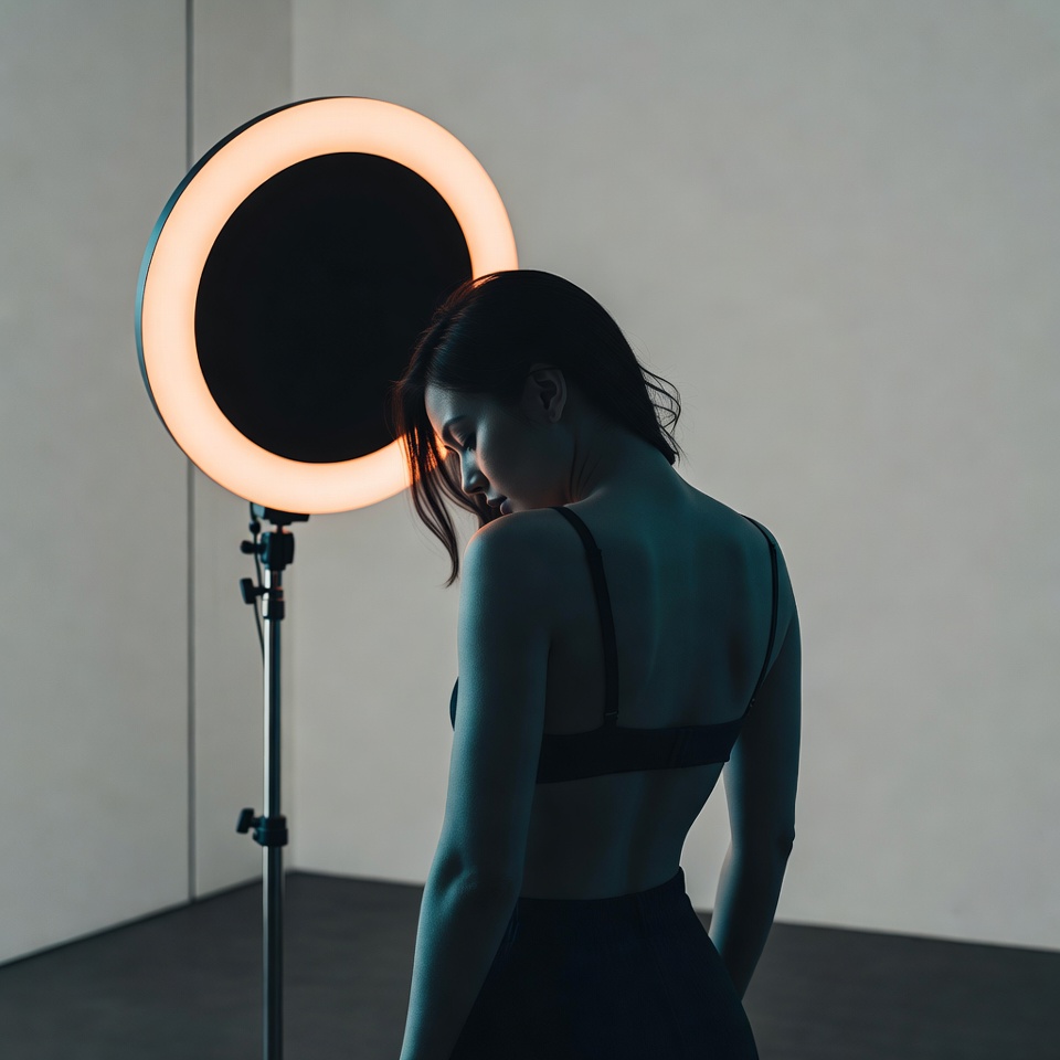 AI generated Blockbuster Teal & Orange portrait featuring Back View and Studio Ring Light with a Melancholic expression.