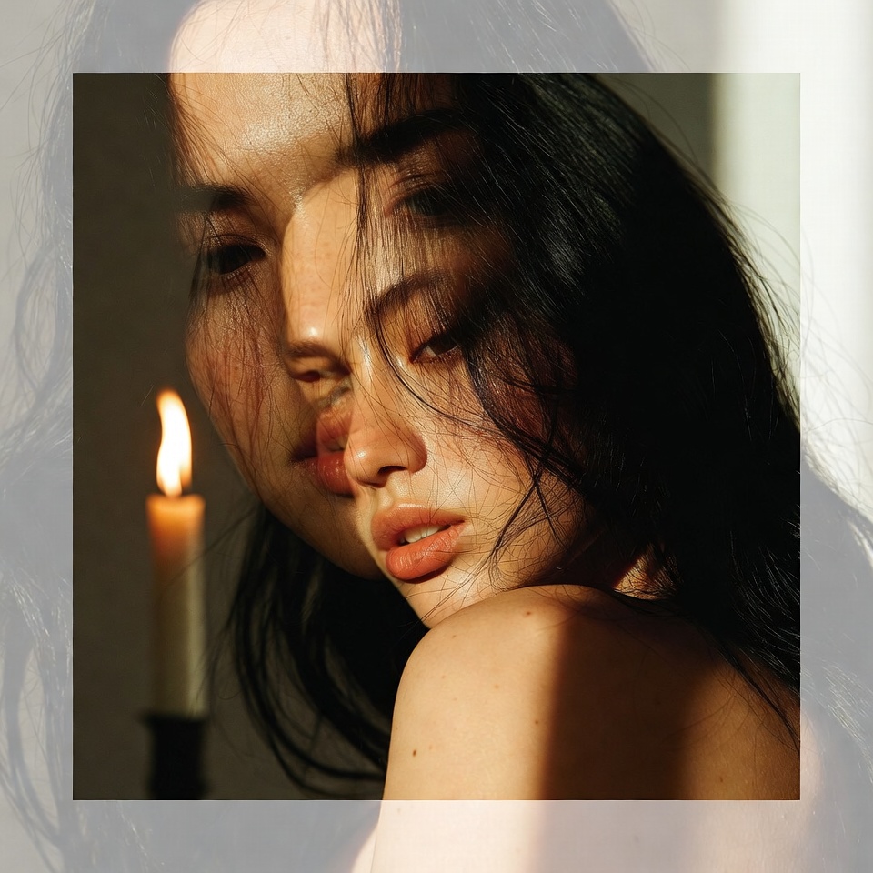 AI generated Double Exposure portrait featuring Over-the-Shoulder and Candlelight with a Romantic expression.