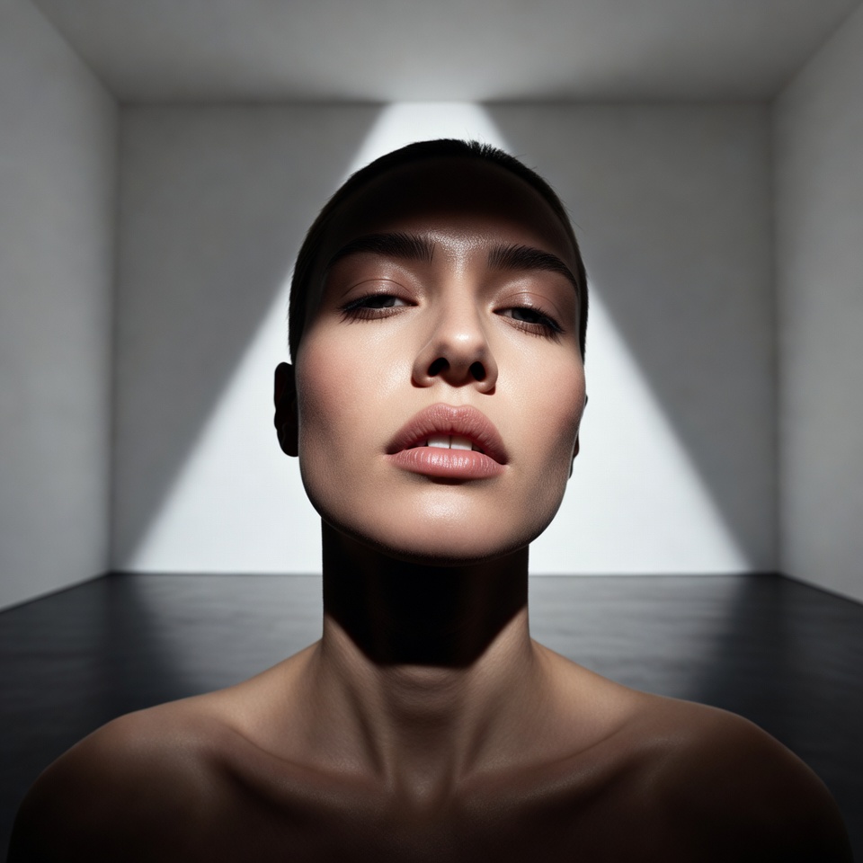 AI generated Minimal Studio portrait featuring Wide Angle 24mm and Harsh Flash with a Mysterious expression.