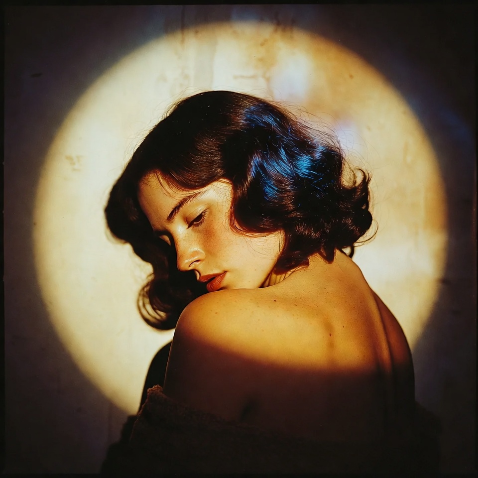 AI generated Vintage 70s Film portrait featuring Back View and Studio Ring Light with a melancholic expression.