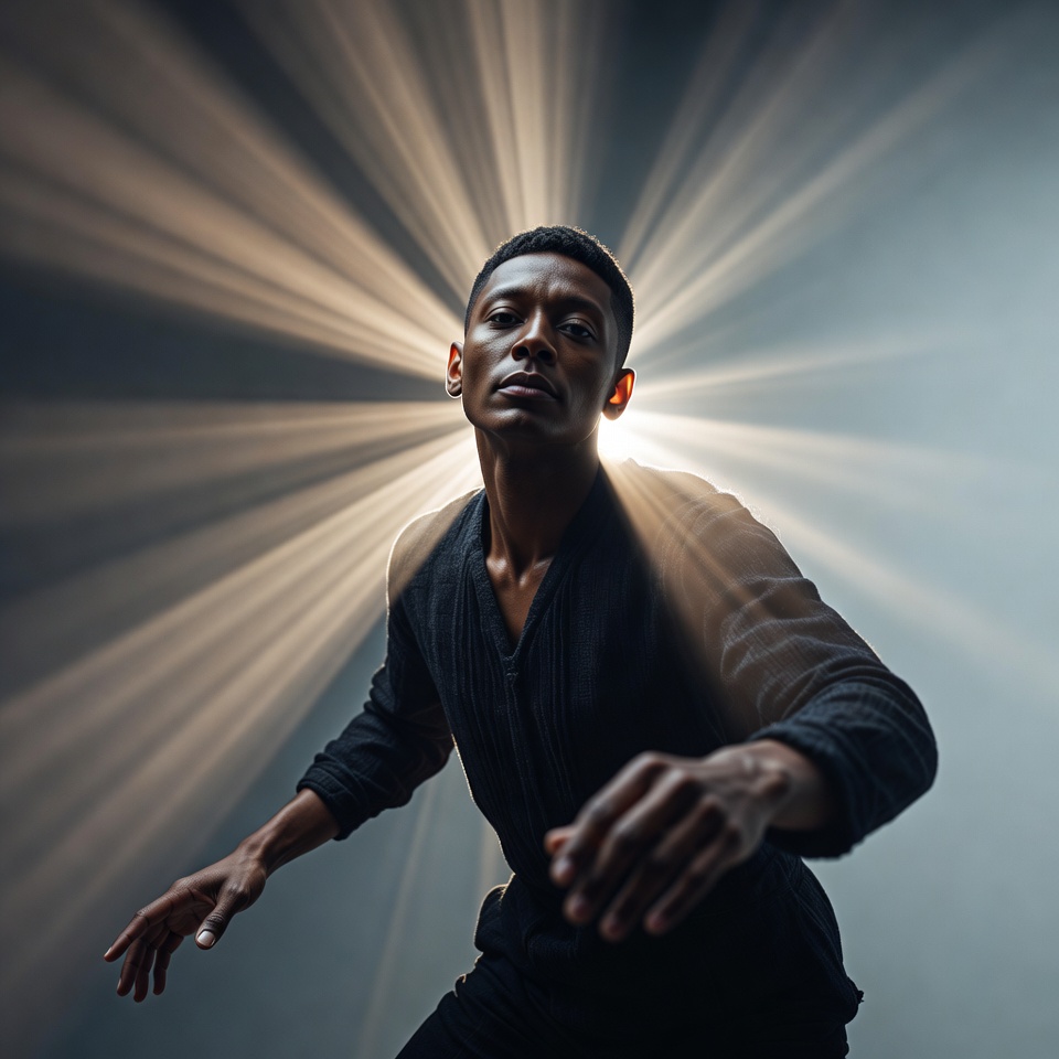 AI generated Sci-Fi Cinematic portrait featuring Eye-Level and God Rays (Volumetric) with an Energetic expression.