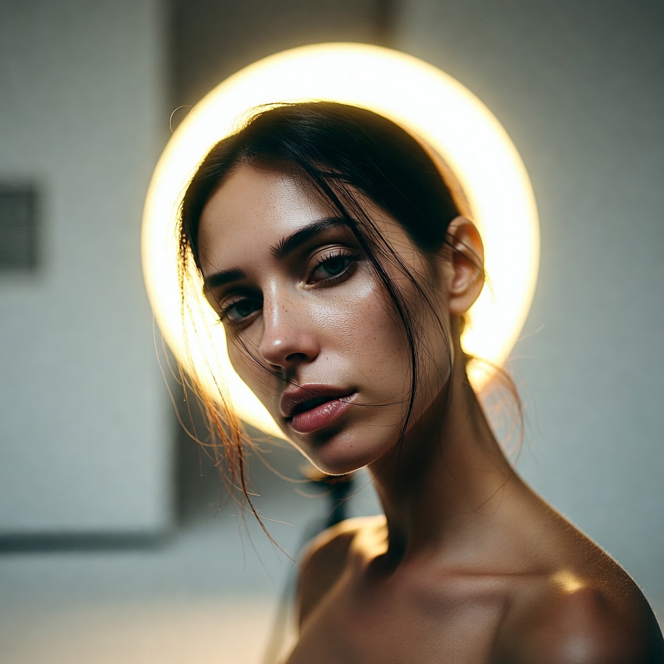 AI generated Cinematic Portrait portrait featuring Dutch Angle and Studio Ring Light with a Romantic expression.