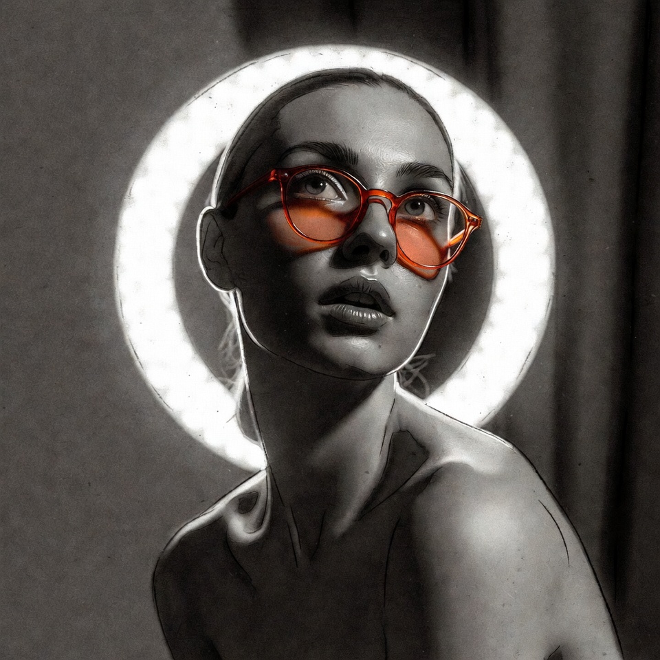 AI generated Charcoal Sketch Look portrait featuring Wide Angle 24mm and Studio Ring Light with a gritty expression.