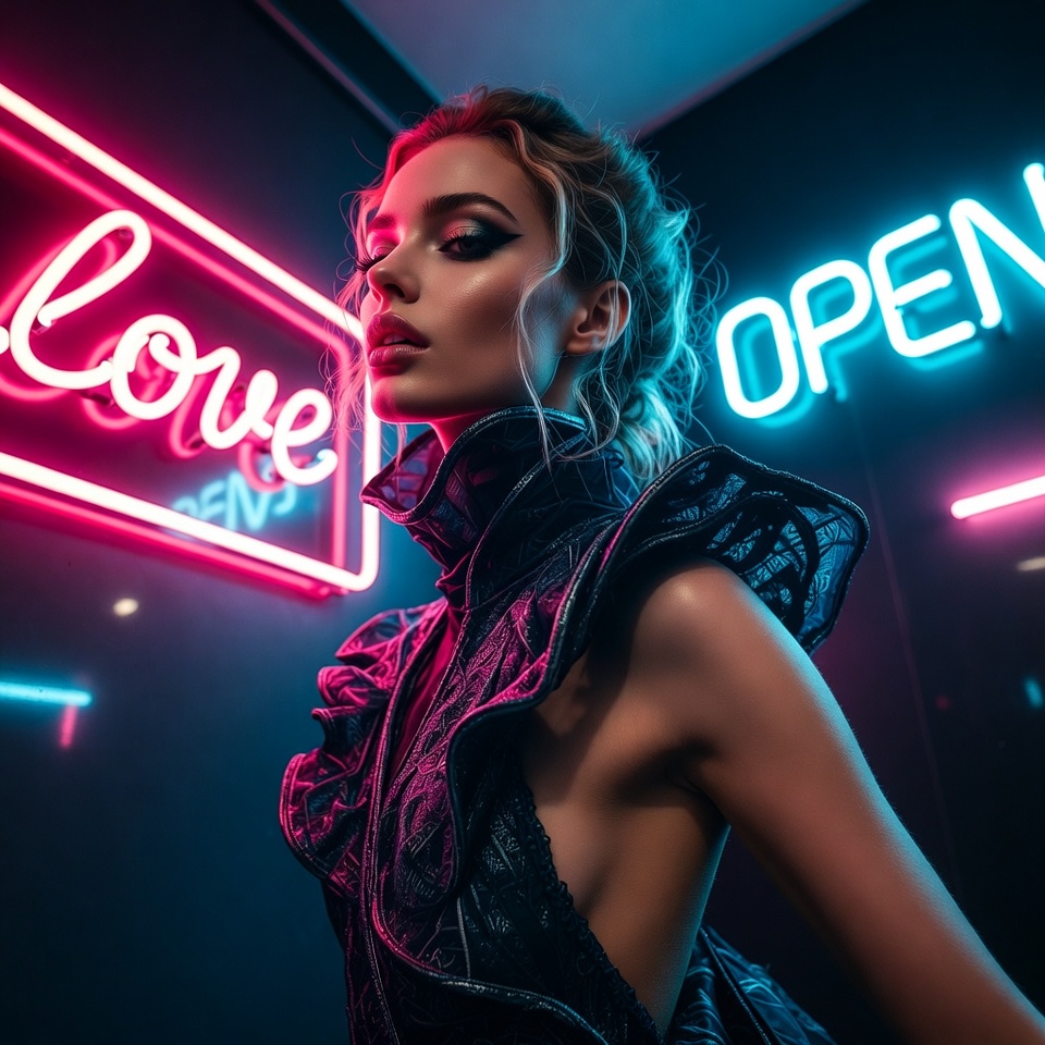 AI generated Avant-Garde Fashion portrait featuring Dutch Angle and Neon Signs with a Romantic expression.