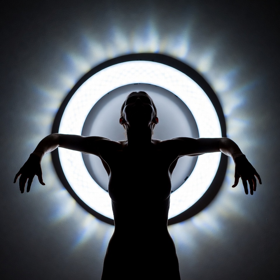 AI generated Silhouette portrait featuring Bird's Eye View and Studio Ring Light with a Nostalgic expression.