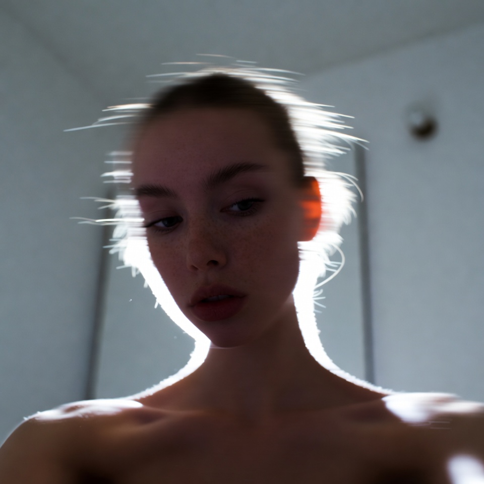 AI generated Motion Blur portrait featuring Selfie Angle and Rim Light (Backlight) with a melancholic expression.