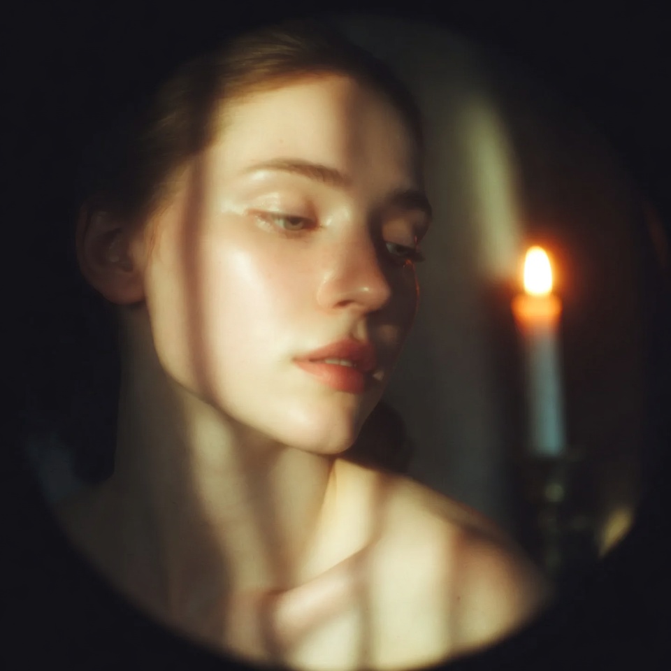 AI generated Dreamy Soft Focus portrait featuring Wide Angle 24mm and Candlelight with a Peaceful expression.