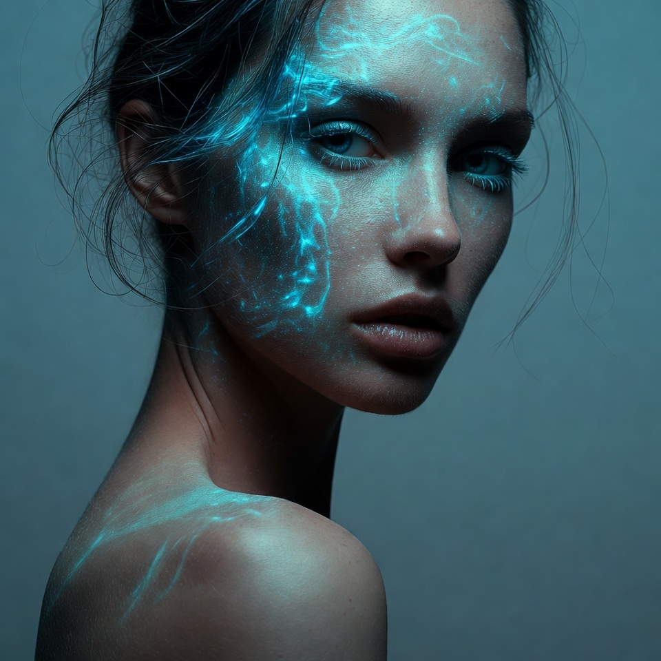 AI generated Vogue Style portrait featuring Over-the-Shoulder and Bioluminescent Glow with a Gritty expression.