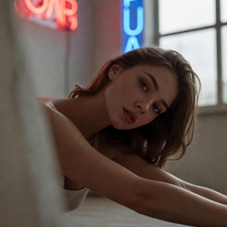 AI generated Natural Window Light portrait featuring Telephoto 85mm and Neon Signs with a Mysterious expression.