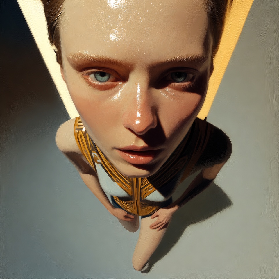 AI generated Oil Painting Style portrait featuring High Angle and Softbox Diffusion with a Futuristic expression.