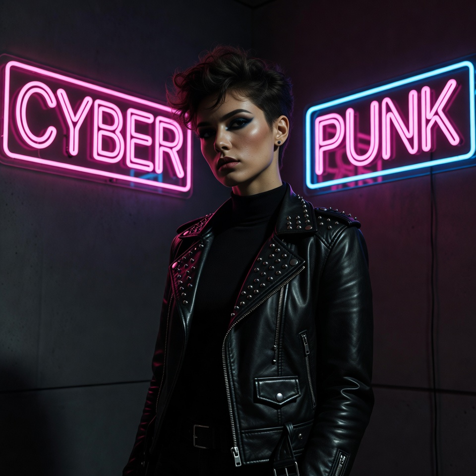 AI generated Cyberpunk Neon portrait featuring Eye-Level and Neon Signs with a Professional expression.