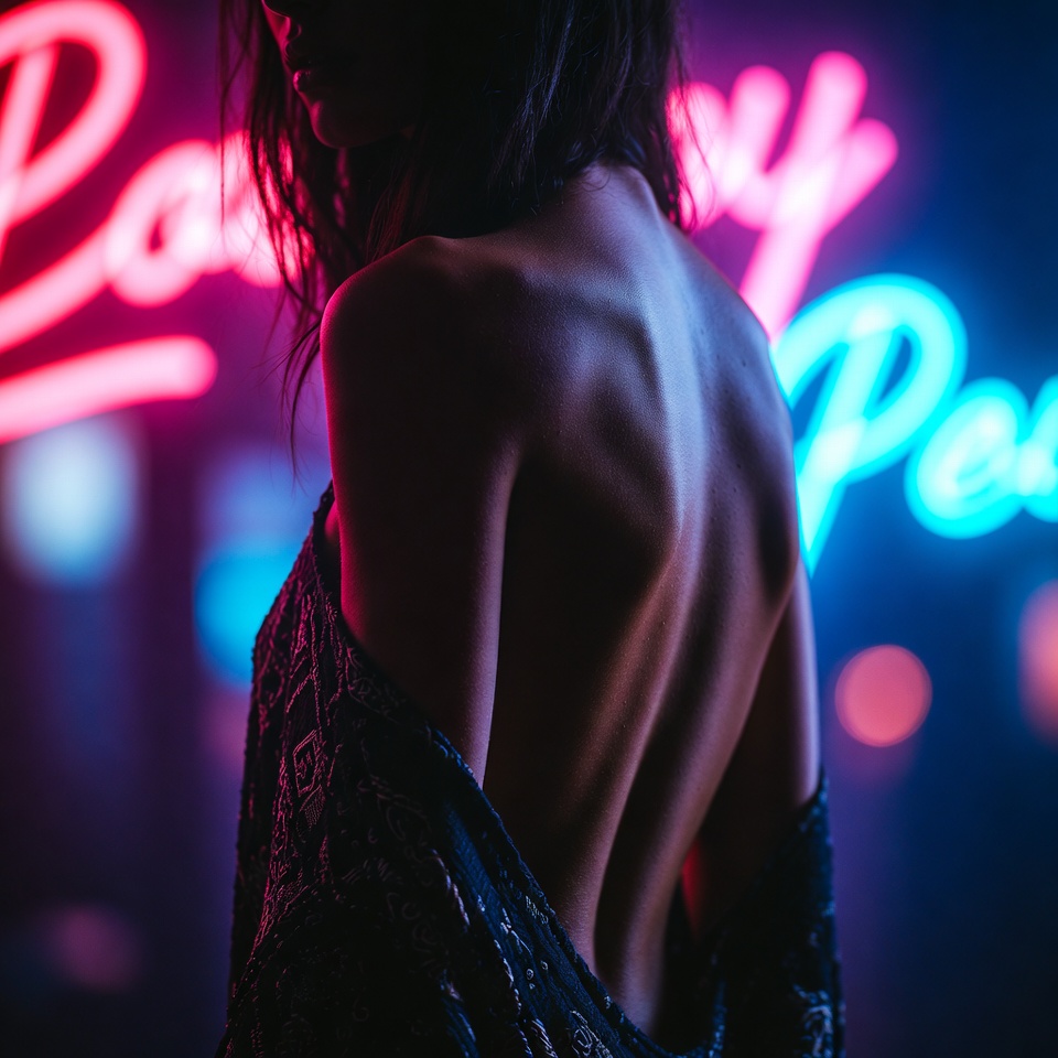 AI generated Indie Movie Look portrait featuring Back View and Neon Signs with a romantic expression.