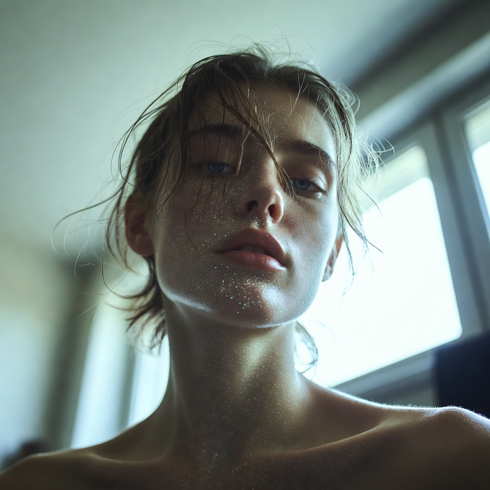 AI generated Natural Window Light portrait featuring Wide Angle 24mm and Bioluminescent Glow with a Gritty expression.