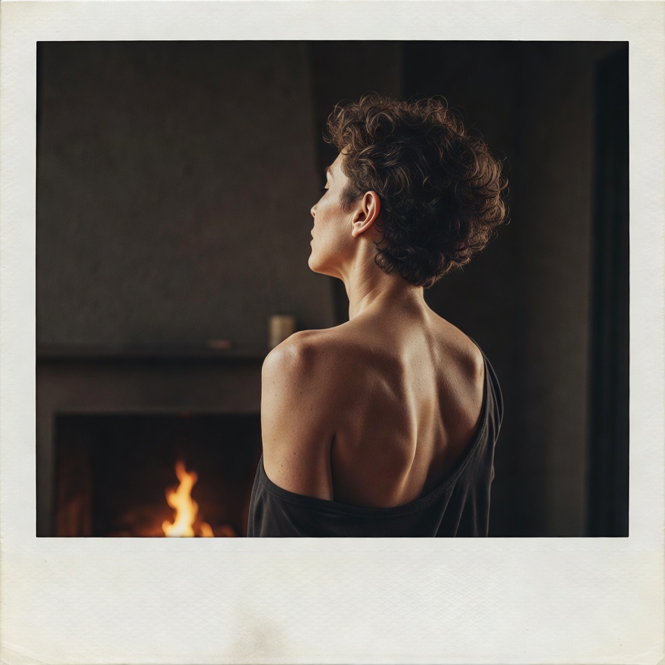 AI generated Polaroid Vintage portrait featuring Back View and Fireplace Glow with an Energetic expression.