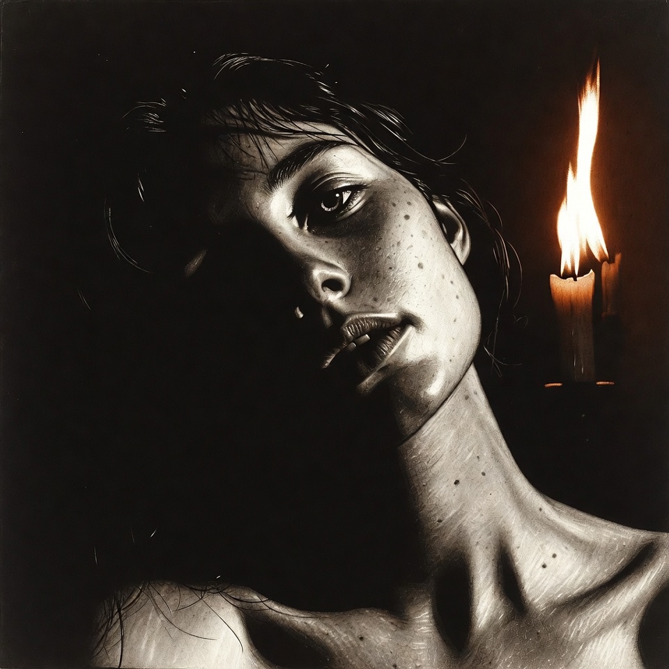 AI generated Charcoal Sketch Look portrait featuring Dutch Angle and Candlelight with a Mysterious expression.