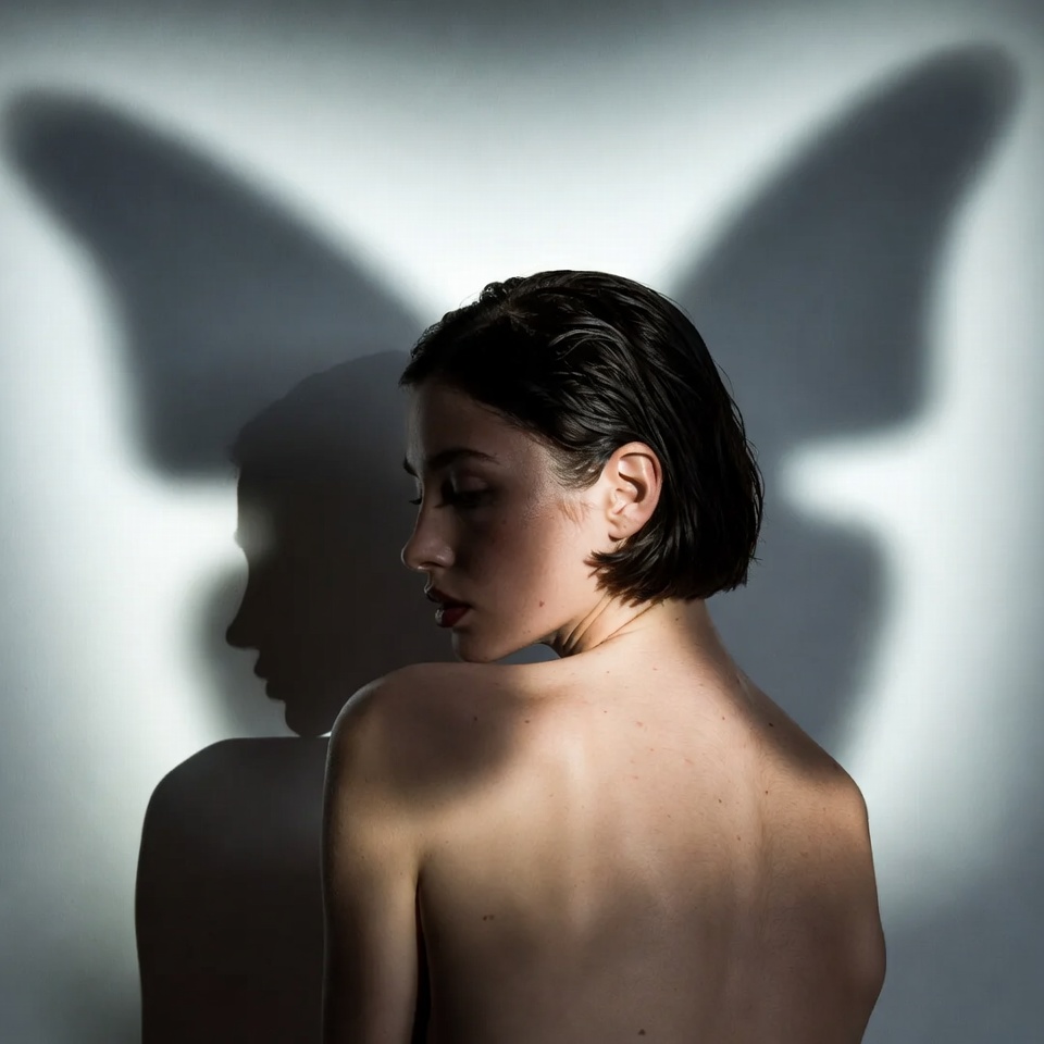AI generated High-End Editorial portrait featuring Back View and Butterfly Lighting with a futuristic expression.