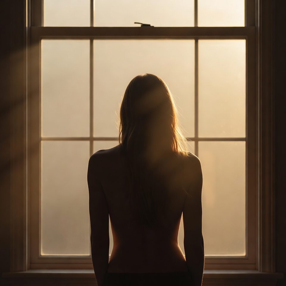 AI generated Golden Hour portrait featuring Telephoto 85mm and Rim Light (Backlight) with a Melancholic expression.