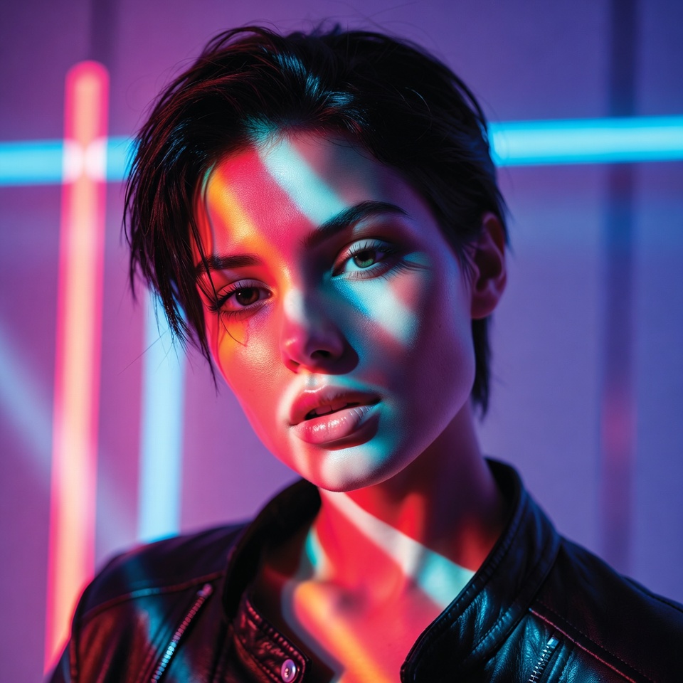 AI generated Cyberpunk Neon portrait featuring Eye-Level and Harsh Flash with a Mysterious expression.