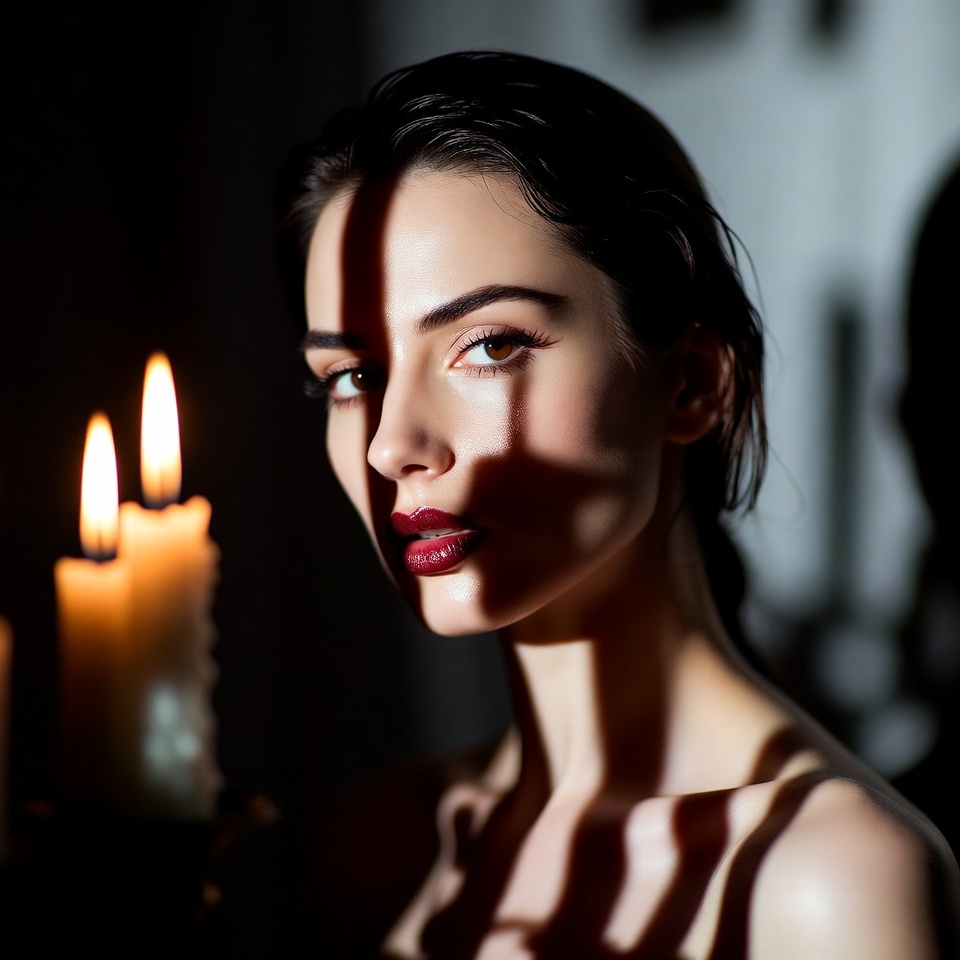 AI generated Film Noir portrait featuring Telephoto 85mm and Candlelight with an Energetic expression.